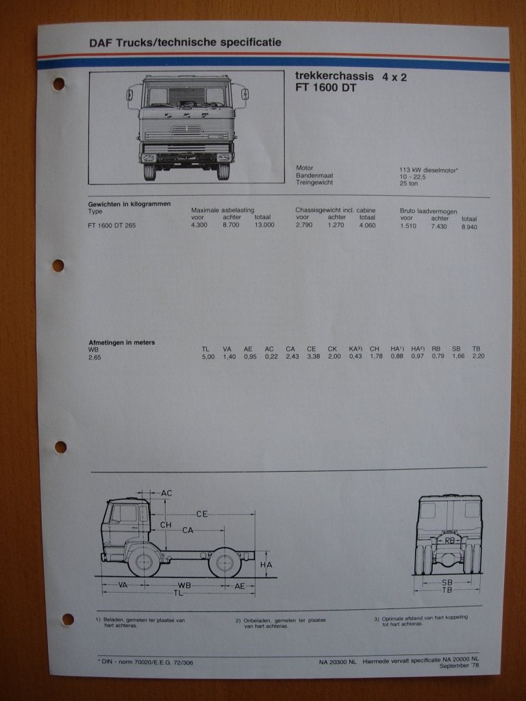 DAF FT 1600 DT Technische Specificatie folder 1978 - 4x2, Ophalen of Verzenden, Zo goed als nieuw, Overige merken, DAF