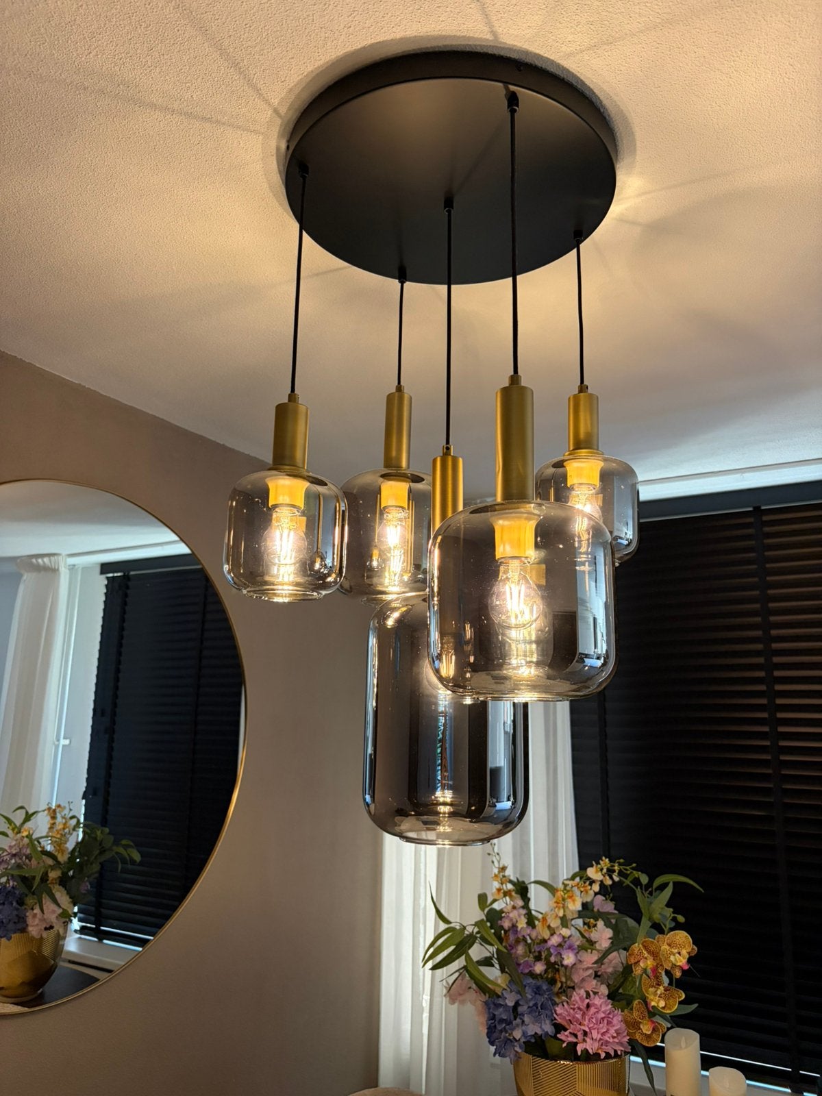 Hanglamp zwart met goud smoke glas 5-lichts verstelbaar, Ophalen, Zo goed als nieuw, Glas