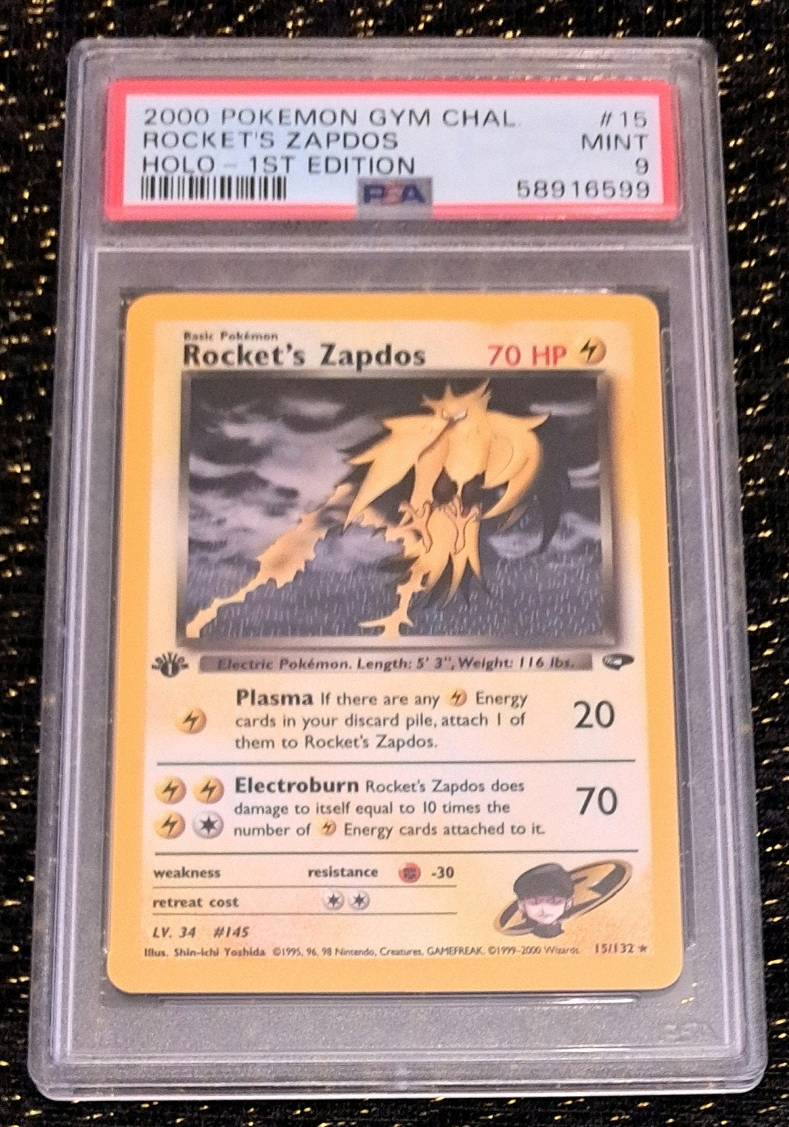 Rocket's Zapdos Holo #15 1st Edition PSA 9, Ophalen, Zo goed als nieuw, Losse kaart, Foil