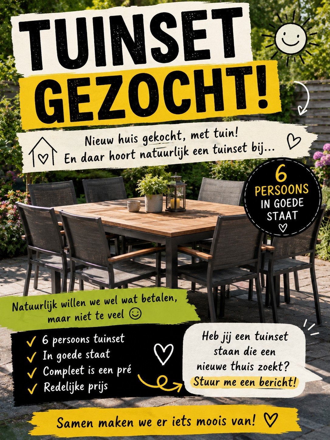 Tuinset gezocht: hout, aluminium of kunststof (4-8 pers.), Ophalen of Verzenden