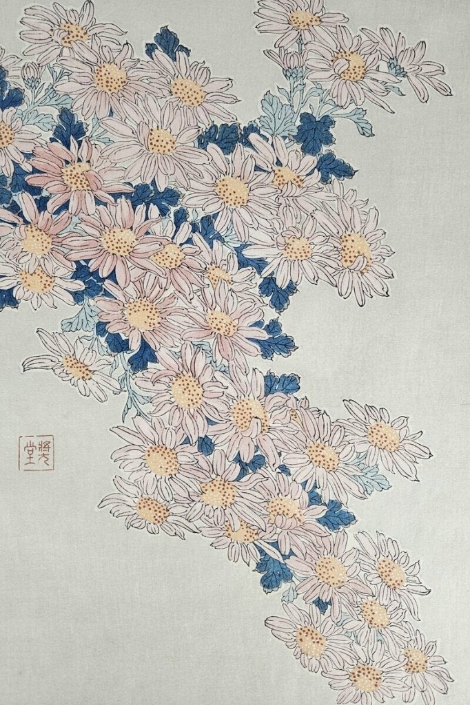 523. Houtsnede, Kawarazaki Shodo - roze chrysanten, 20e eeuw