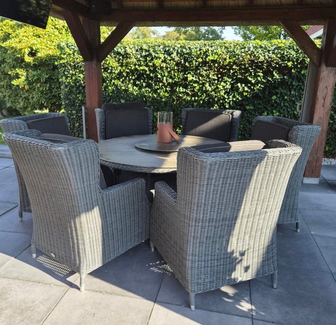 Mooie Luxe 6 Persoons Loungeset / Diningset + draaiplateau, Ophalen, Zo goed als nieuw, Wicker