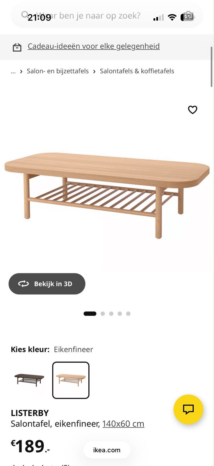 IKEA LISERBY Salontafel Eikenfineer 140x60 cm, Ophalen, Gebruikt, 100 tot 150 cm, Eikenhout