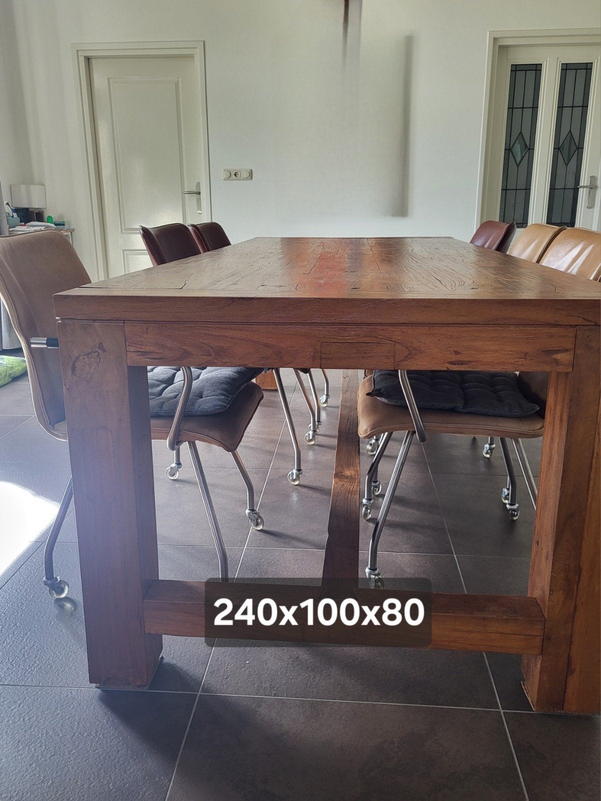 Robuuste houten eettafel 240x100x80 cm, Ophalen, Robuust, Landelijk, Modern, 200 cm of meer, 50 tot 100 cm