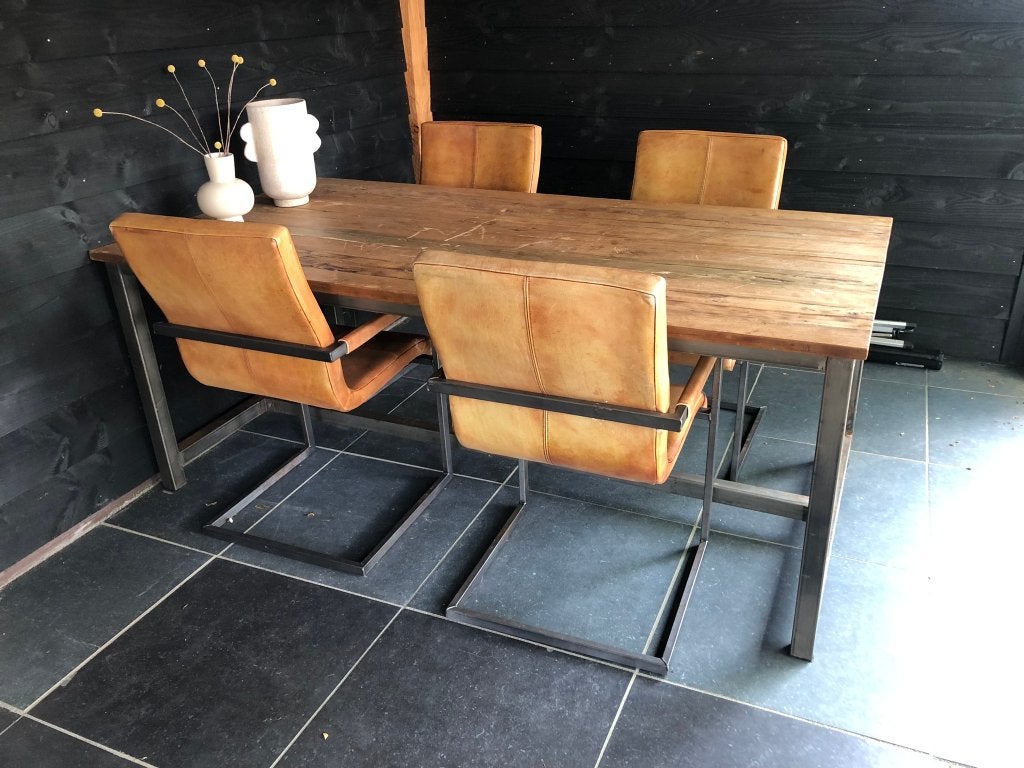 Eettafel met cognac leren stoelen, Huis en Inrichting, Tafels | Eettafels, Ophalen, Gebruikt, 200 cm of meer, 50 tot 100 cm