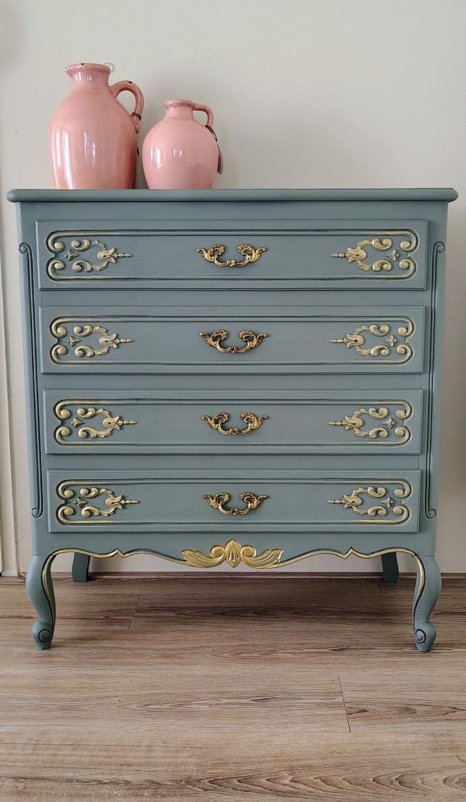 Prachtig antiek Frans ladenkastje gerestyled in oud groen, Ophalen, 50 tot 100 cm, Zo goed als nieuw, 3 of 4 laden