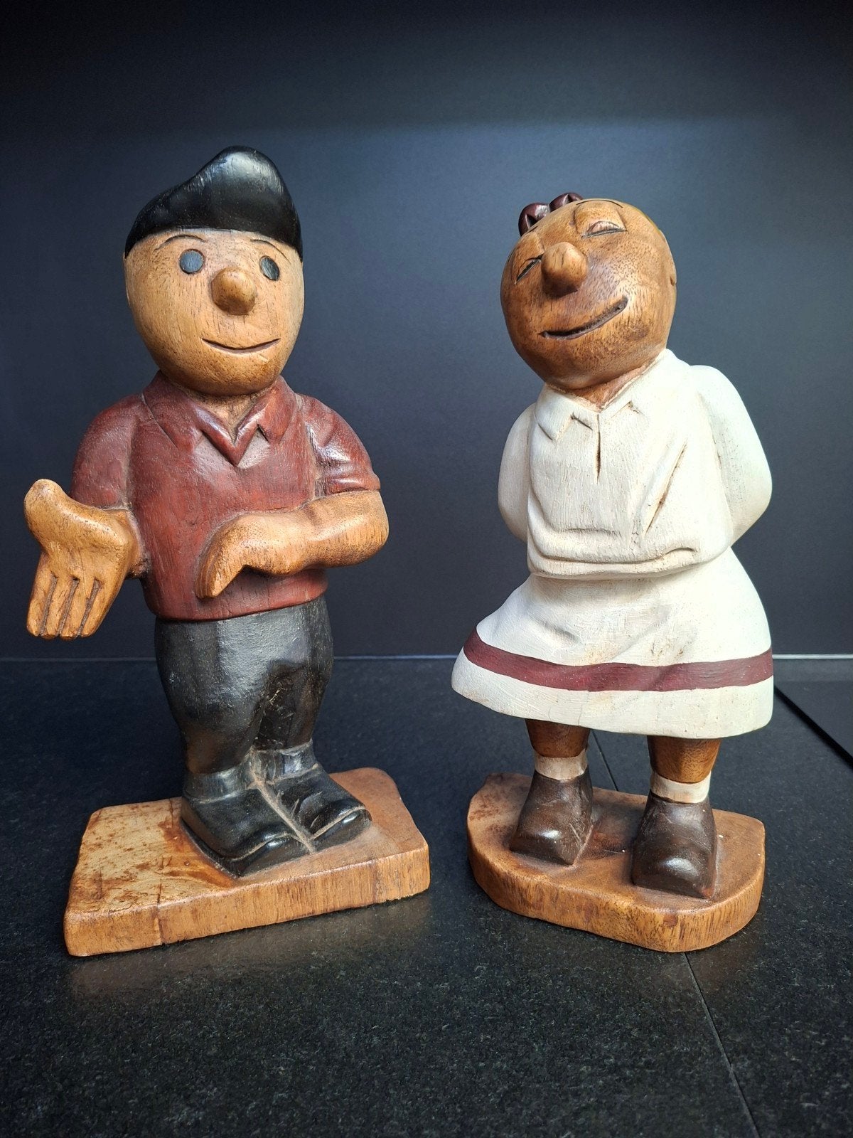 Geverfd houten beeldjes: Suske en Wiske, Verzamelen, Stripfiguren, Ophalen of Verzenden, Suske en Wiske, Gebruikt, Beeldje of Figuurtje