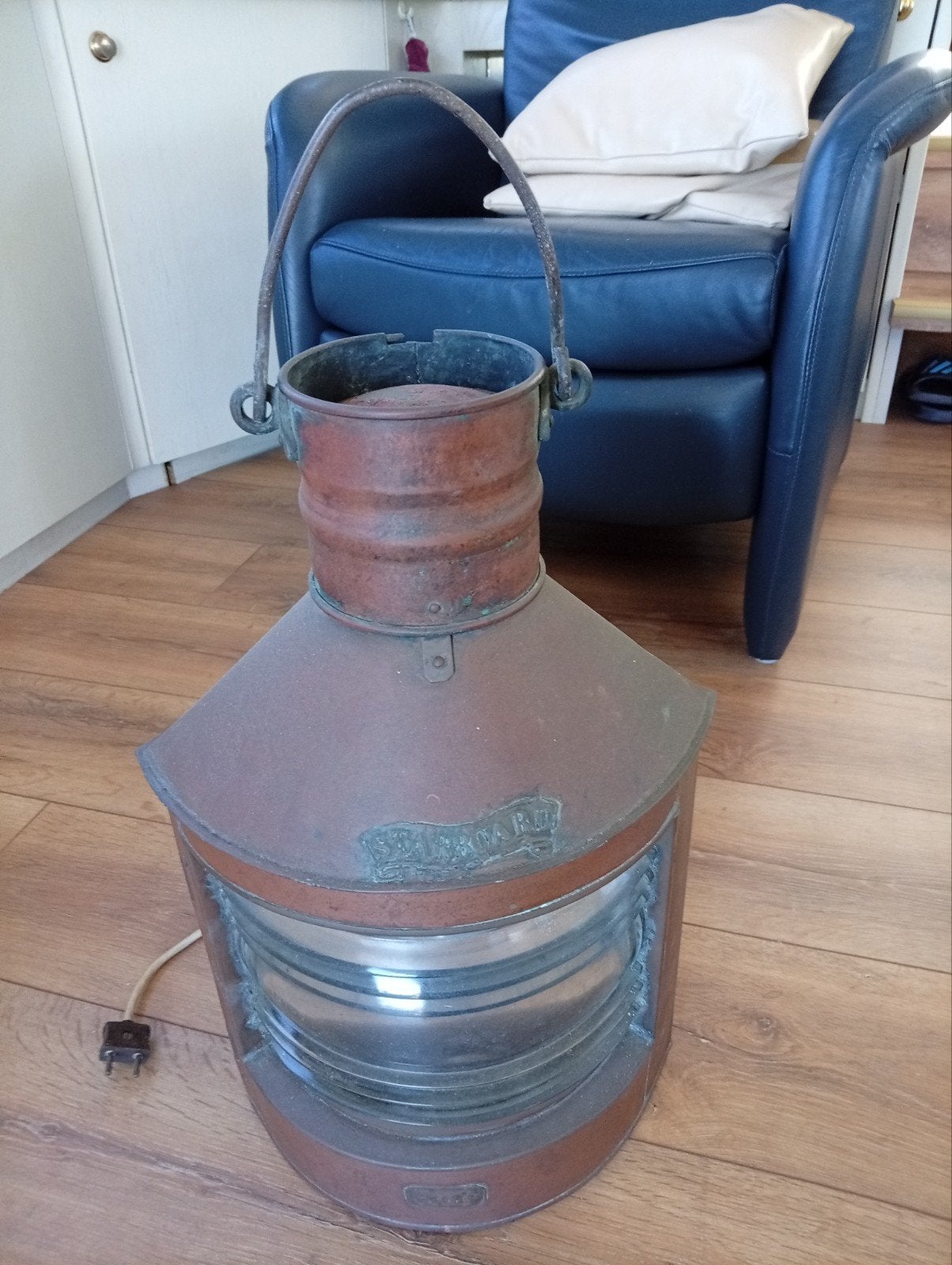 Antieke koperen scheepslantaarn, omgebouwd tot lamp, Ophalen of Verzenden