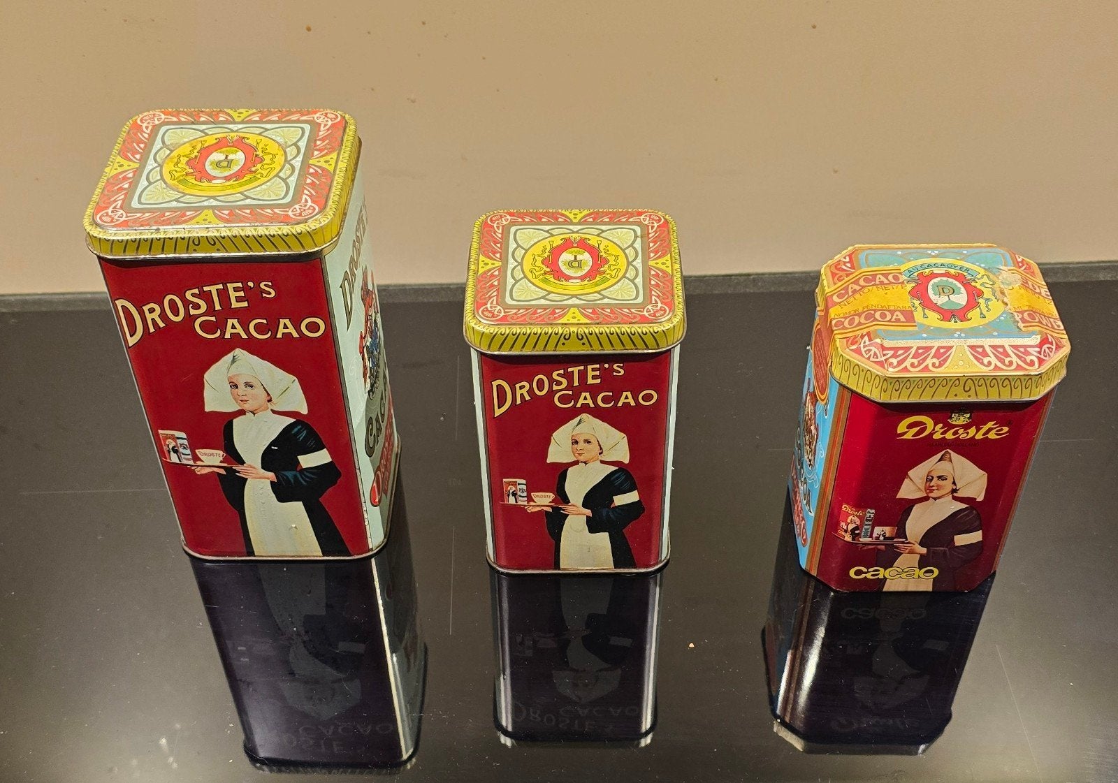 3 Oude Droste Cacao Blikken - Dubbel in Verzameling, Ophalen of Verzenden, Gebruikt, Overige, Droste