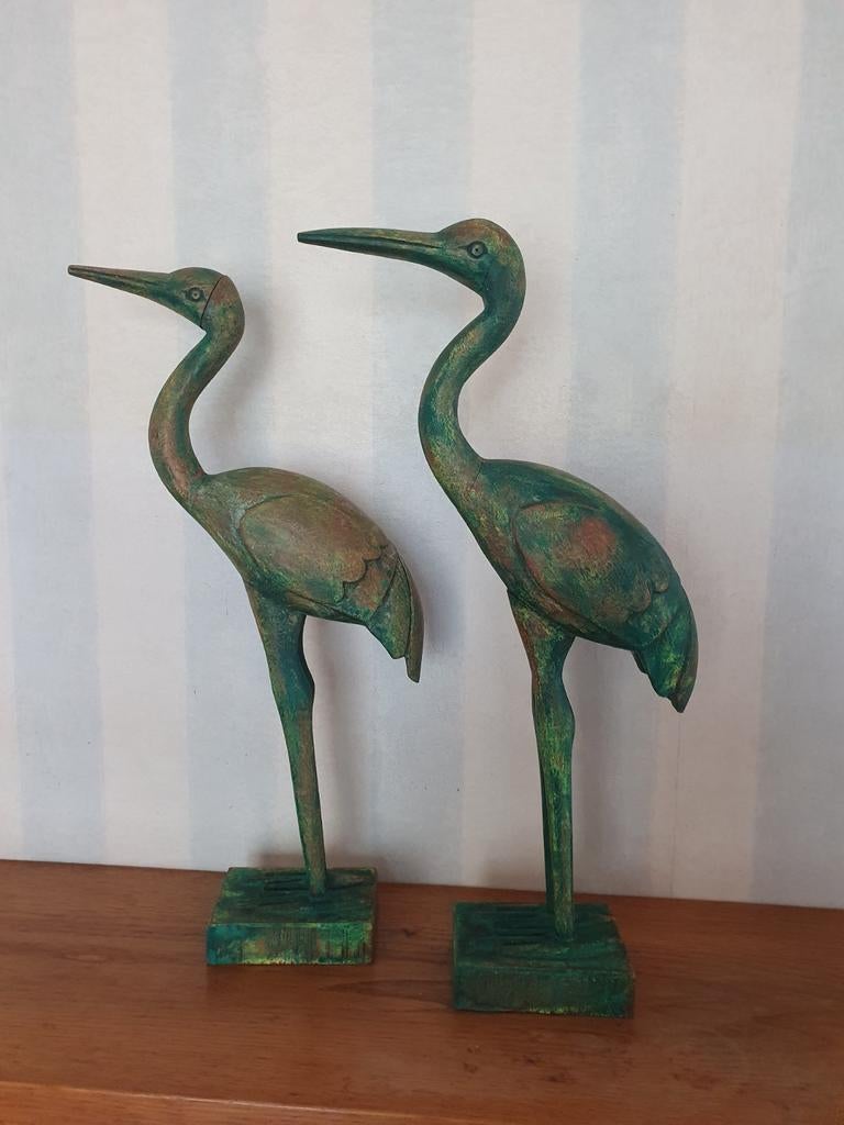 Decoratieve houten reiger beelden set - groen/brons, Groen, Gebruikt, Ophalen of Verzenden, Vintage