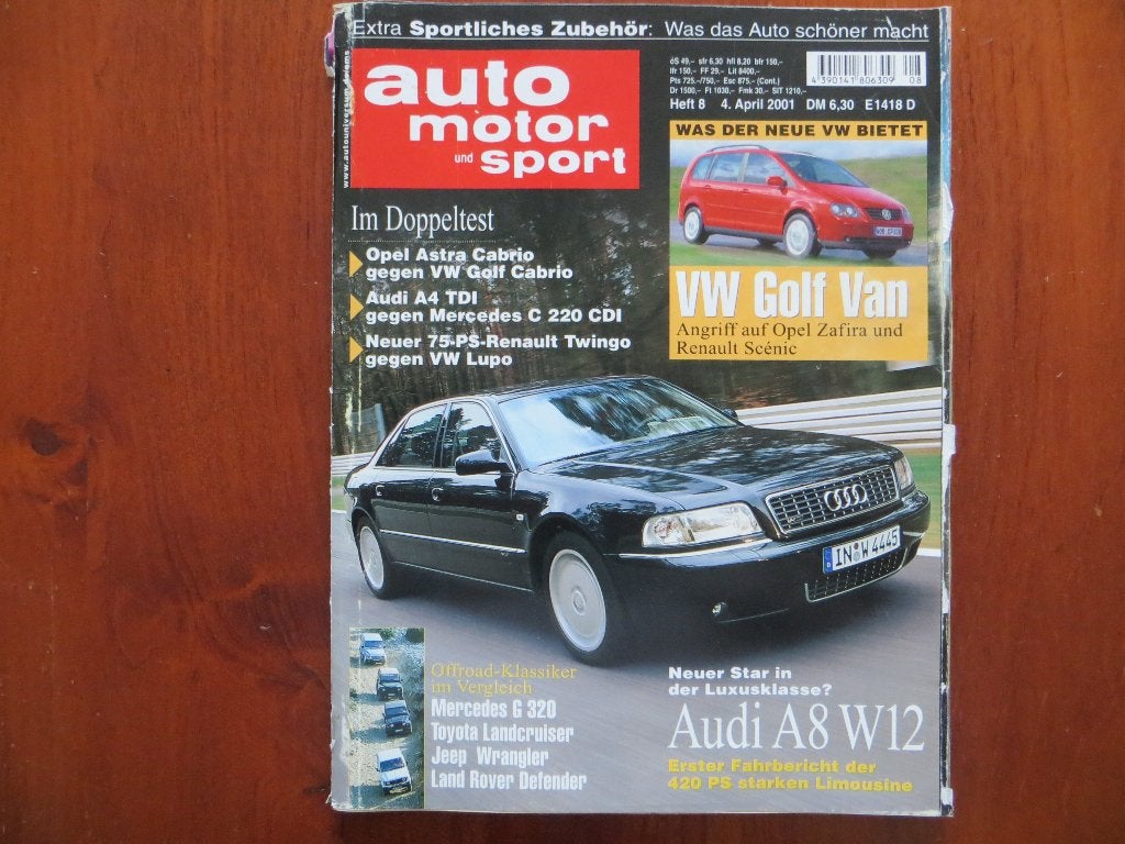 Auto Motor und Sport 8 2001 Audi A8 W12, Opel Astra Cabrio, Boeken, Ophalen of Verzenden, Zo goed als nieuw, Audi