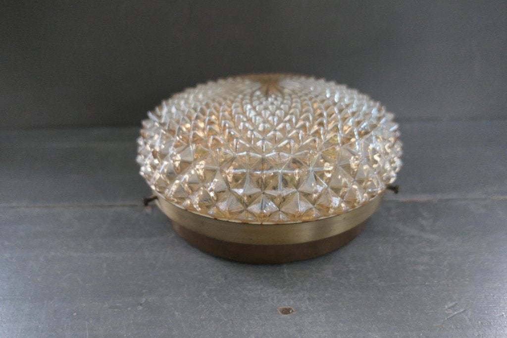 Vintage Massive Plafonnière Amber Glas (Diamond Point), Verzenden, E27 (groot), Zo goed als nieuw, Plafondlamp