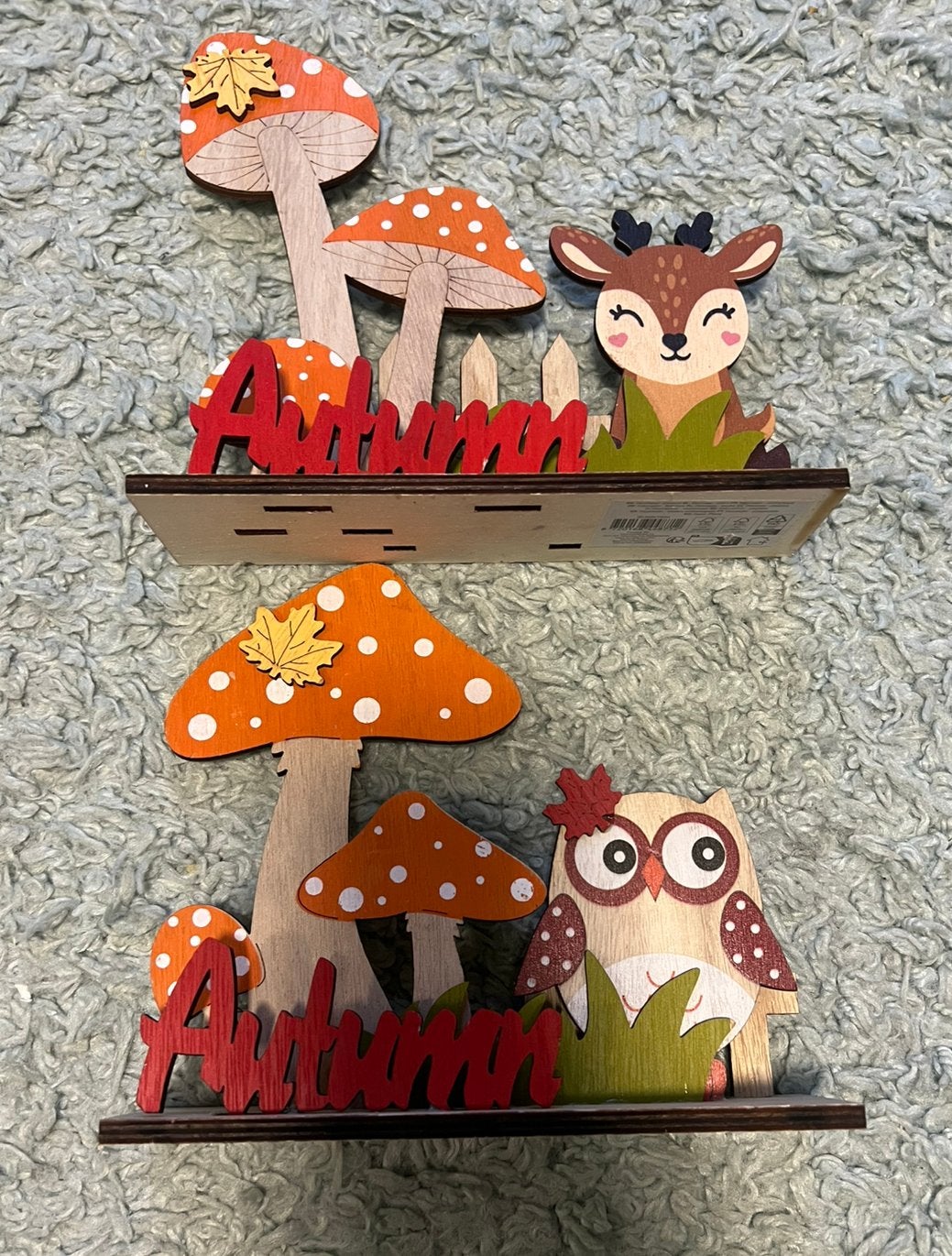 NIEUW, vrolijke herfst decoratie met uil, hert en paddestoel, Ophalen of Verzenden, Nieuw, Meerkleurig, Hout