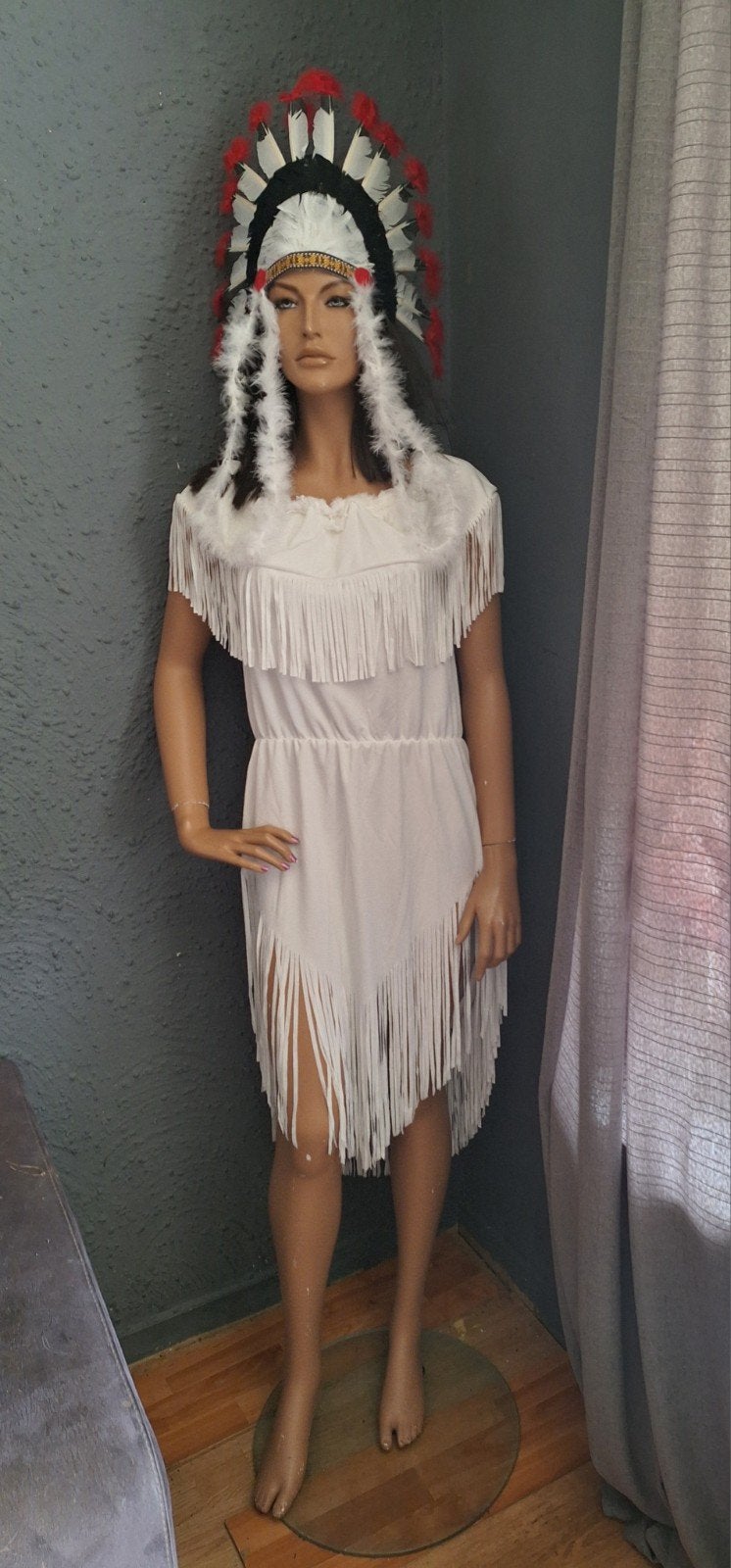 Gloednieuwe witte indianenjurk met tooi, Ophalen, Carnaval, Maat 42/44 (L), Kleding