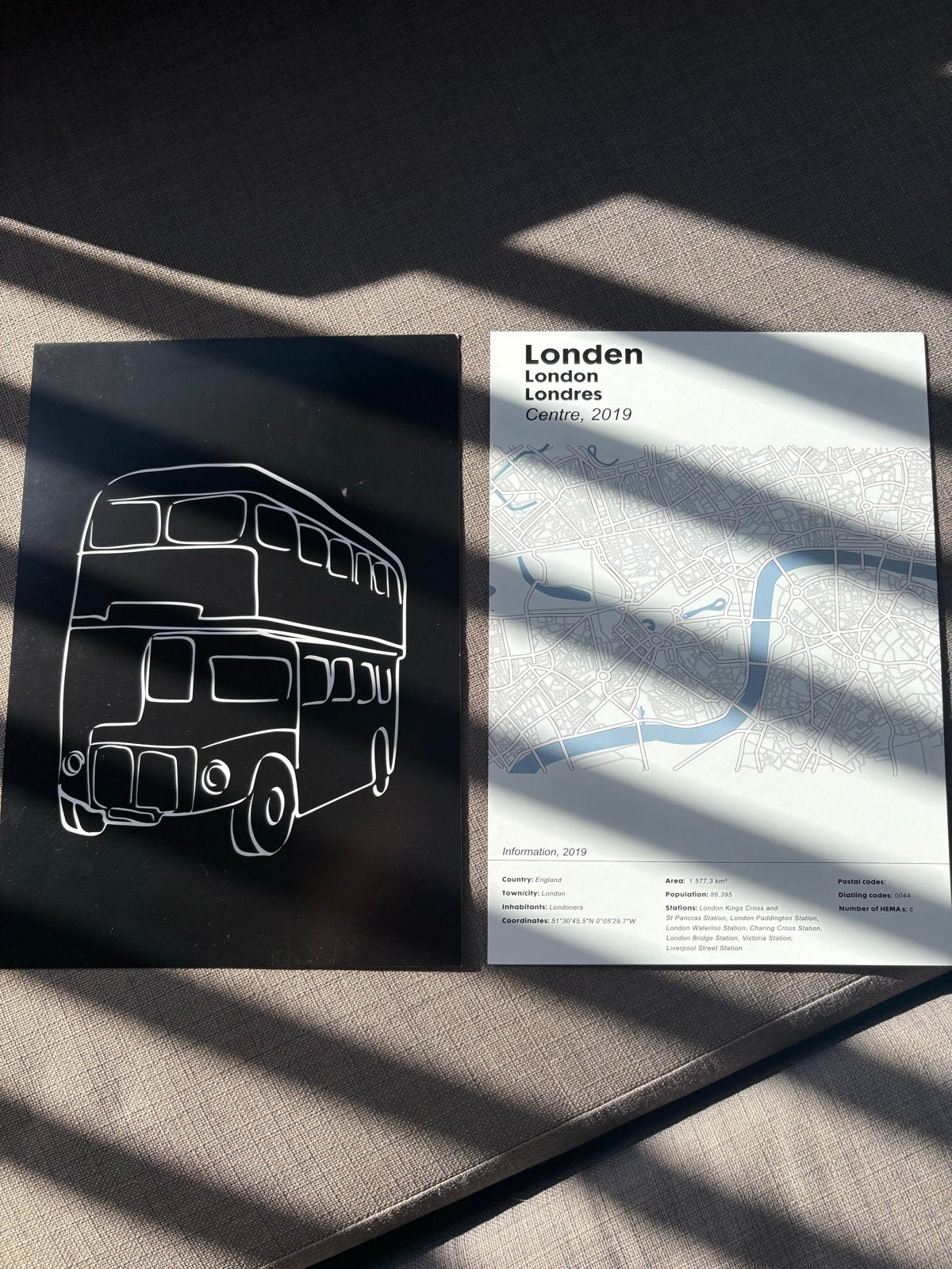 Set van 2 London posters: bus en stadskaart 21x30 cm, Minder dan 50 cm, Ophalen of Verzenden, Zo goed als nieuw, Foto of Poster