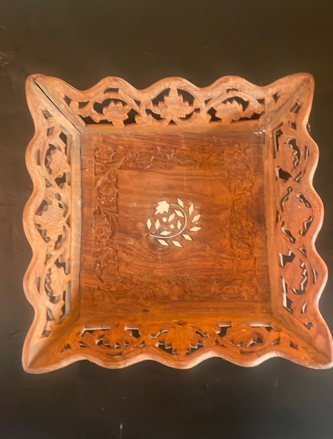 Authentiek Indiaas Sheesham Houten Dienblad – Handwerk, Met opstaande rand, Vierkant, Ophalen of Verzenden, Zo goed als nieuw