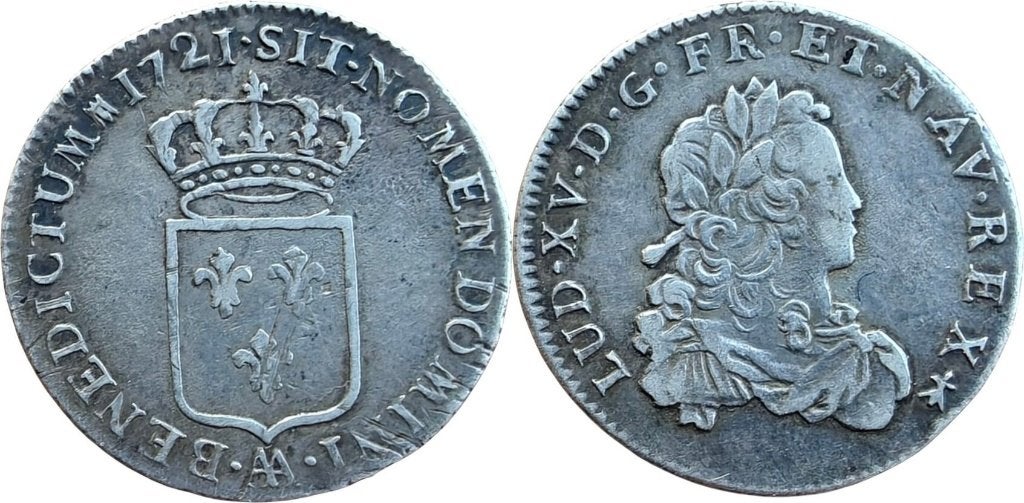 Frankrijk derde ecu de France 1721 Metz Lodewijk XV, Ophalen of Verzenden, Frankrijk, Losse munt, Zilver