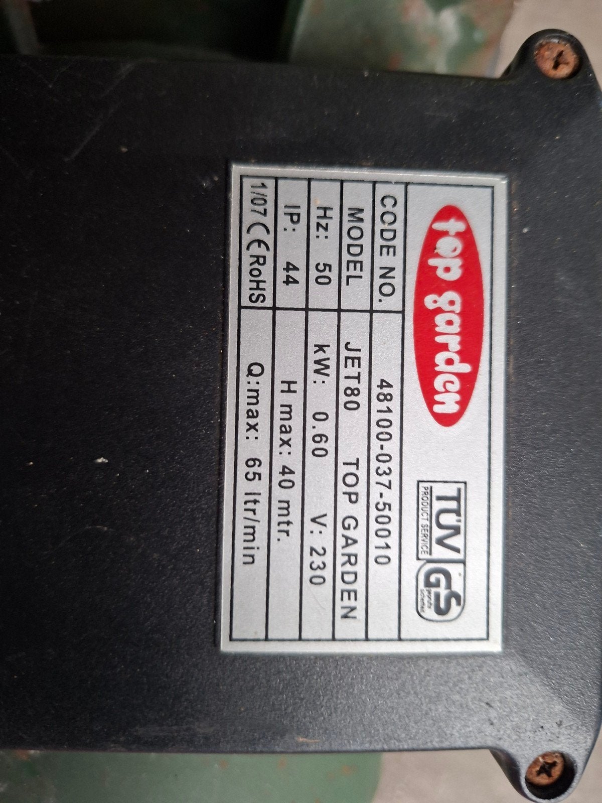 Top Garden JET80 Hydrofoorpomp - 0.60 kW, 65 l/min, Ophalen, Gebruikt, Elektrisch, Hydrofoorpomp