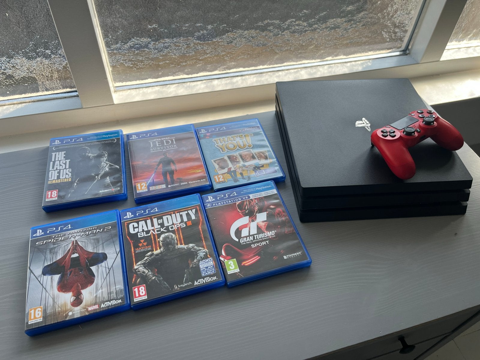 PS4 Pro met 6 games en rode controller, Ophalen, Gebruikt, Met 1 controller, Pro