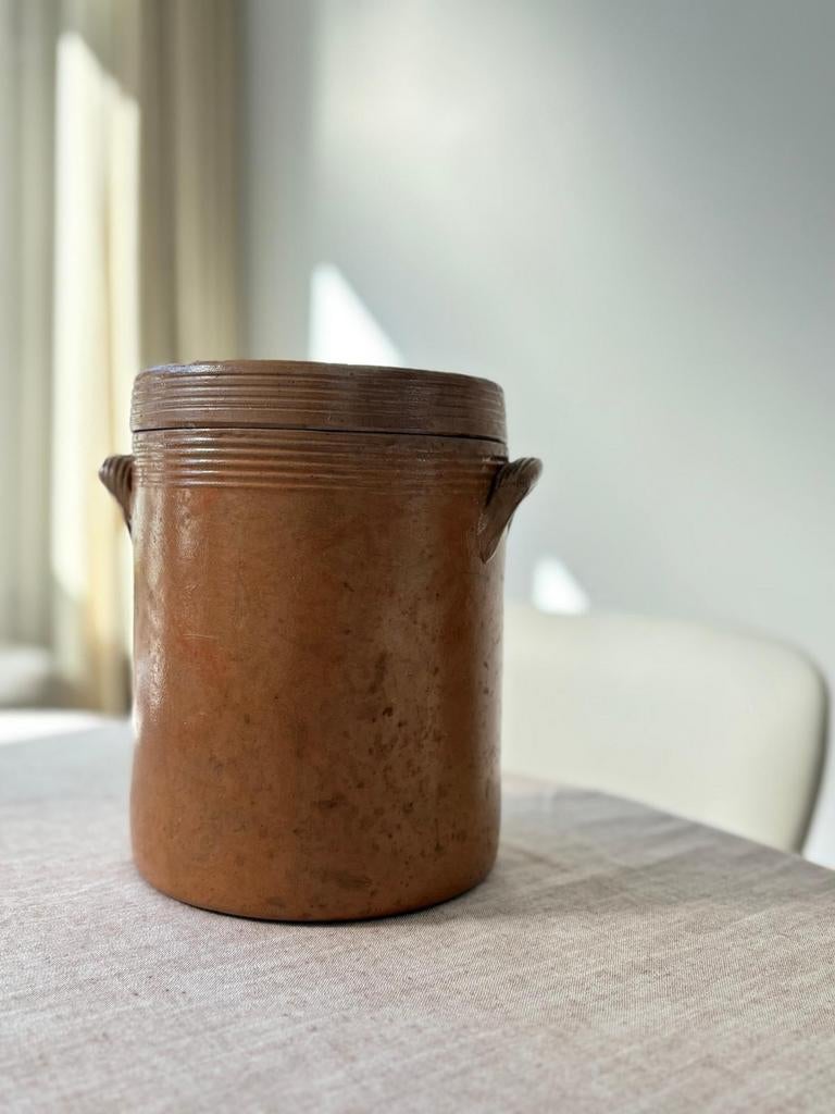 Vintage grespot met deksel – groot ca. 20 cm, Antiek en Kunst, Antiek | Keramiek en Aardewerk, Ophalen of Verzenden