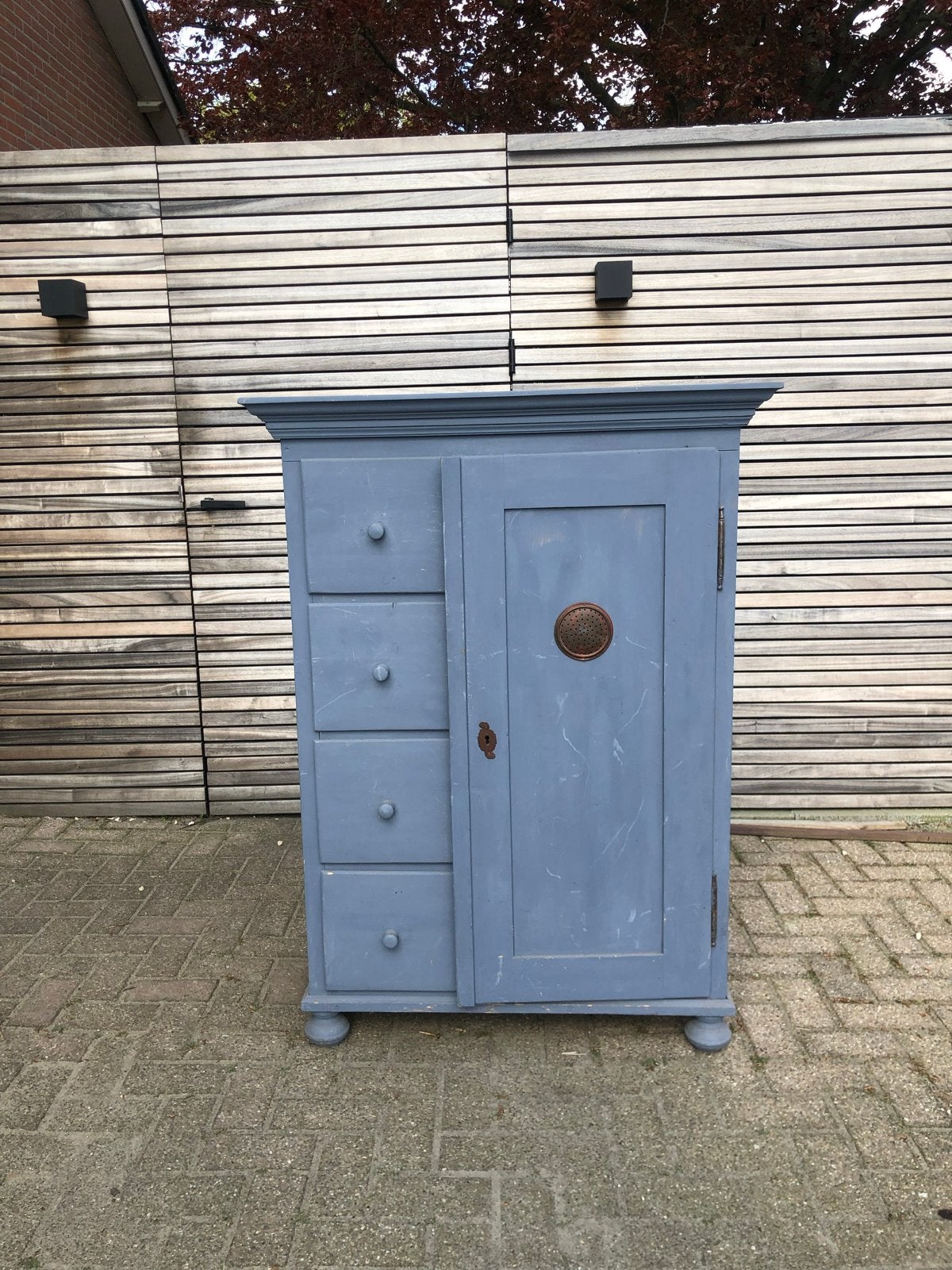Antieke ladekast met deurtje - Blauw geverfd, Ophalen