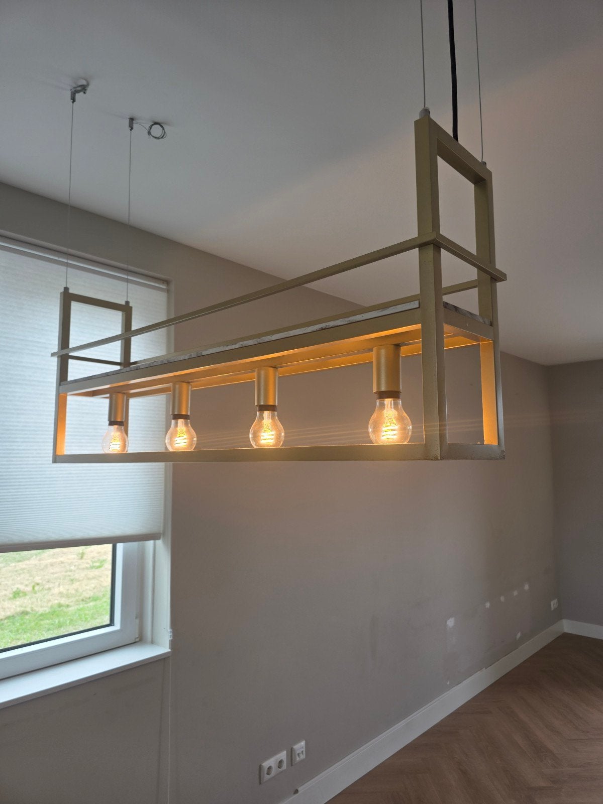 Industriële hanglamp goud met marmer en rek 4-lichts, Ophalen, Zo goed als nieuw