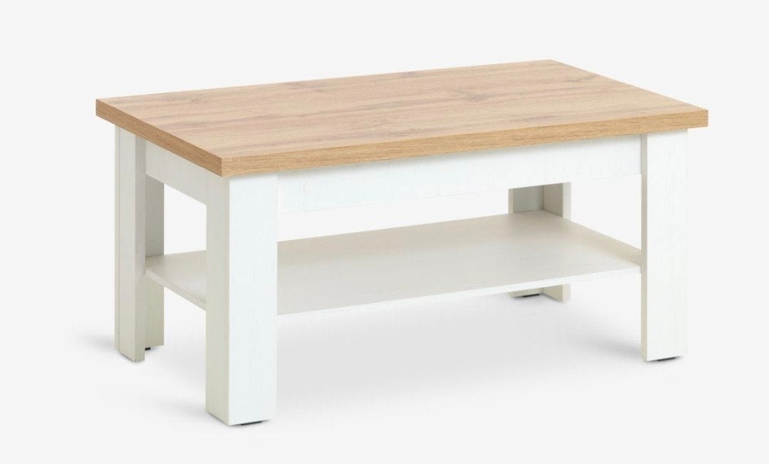 Salontafel wit/wild met naturel eikenblad, Ophalen, 100 tot 150 cm, 50 tot 100 cm, Zo goed als nieuw
