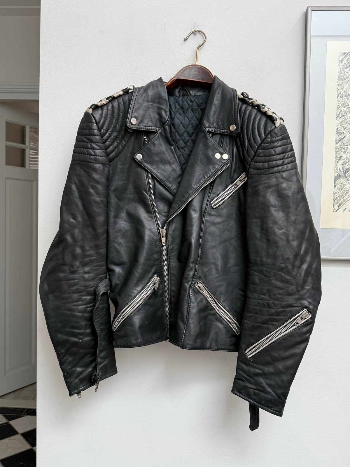 Vintage Biker Leren Jas Maat 48 (M) - Zwart met Vlechtwerk, Ophalen of Verzenden, Gedragen, Maat 48/50 (M), Zwart