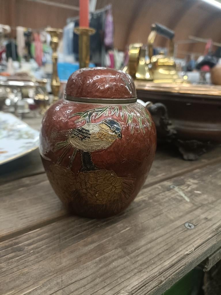 Antiek Emaille Potje met Deksel - Chinees/Japans Design, Ophalen of Verzenden