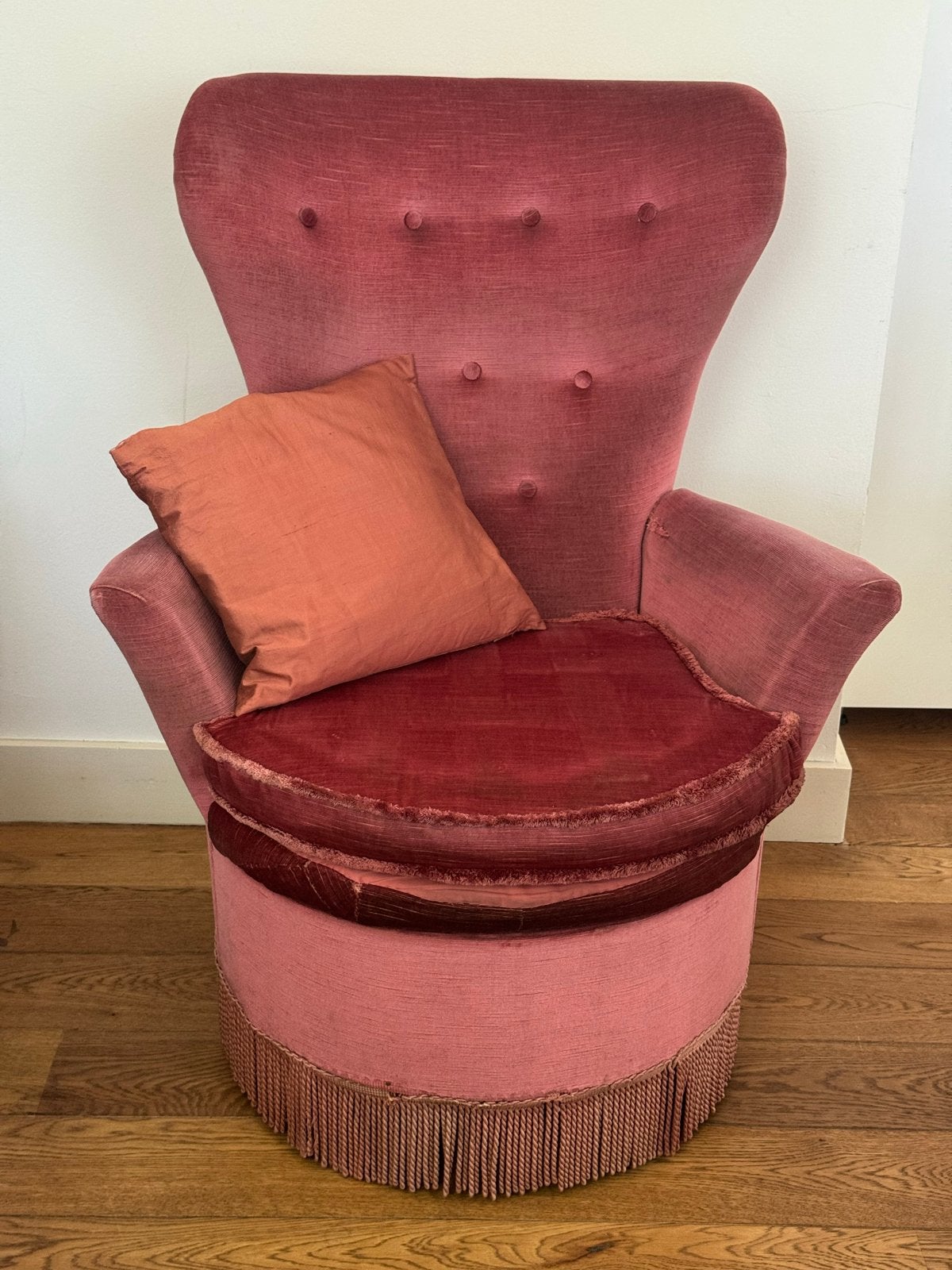 Deense jaren 70 velours fateuil - oud roze, Ophalen of Verzenden