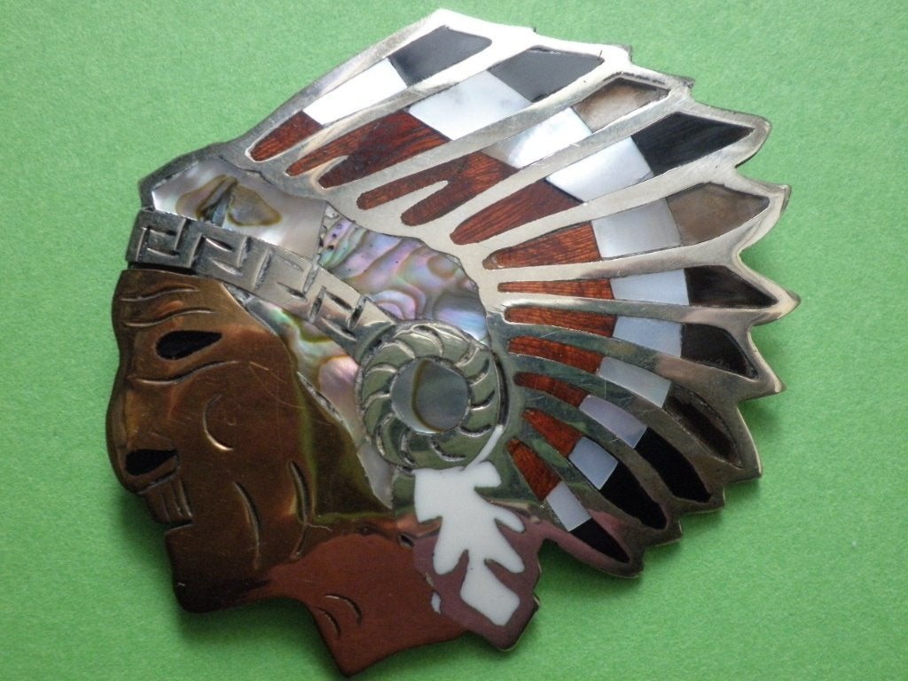 Mooie Hanger / Broche - Indianen Hoofd - ingelegd met Paarlm, Verzenden, Zilver, Hanger