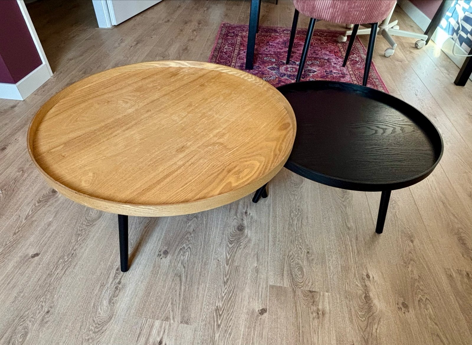 Set van 2 ronde WOOOD salontafels, hout en metaal, Ophalen, Gebruikt, Rond, 50 tot 100 cm