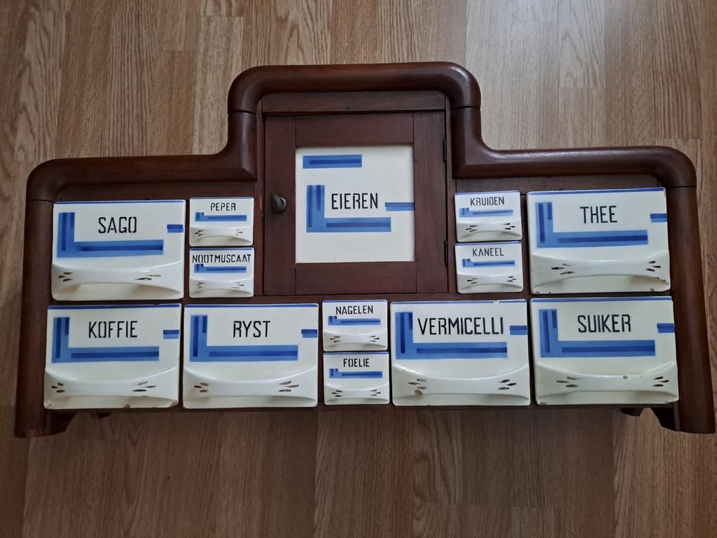 Vintage kruidenrek met 12 porseleinen potjes, Antiek en Kunst, Ophalen