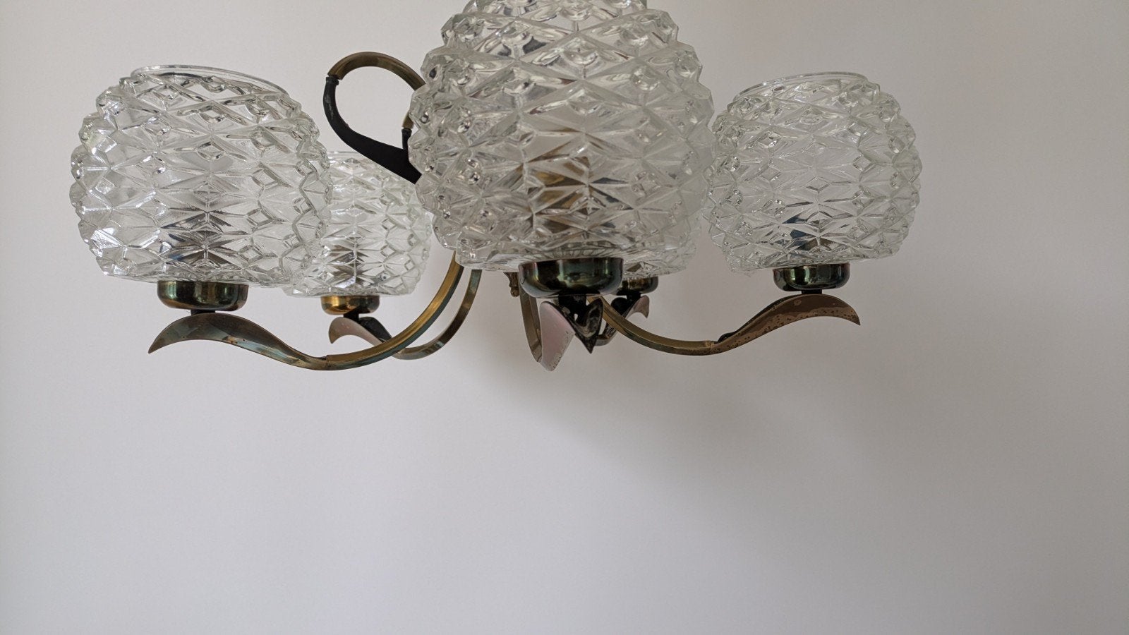 Franse Vintage mid century kroonluchter met 5 armen, Ophalen of Verzenden, Gebruikt