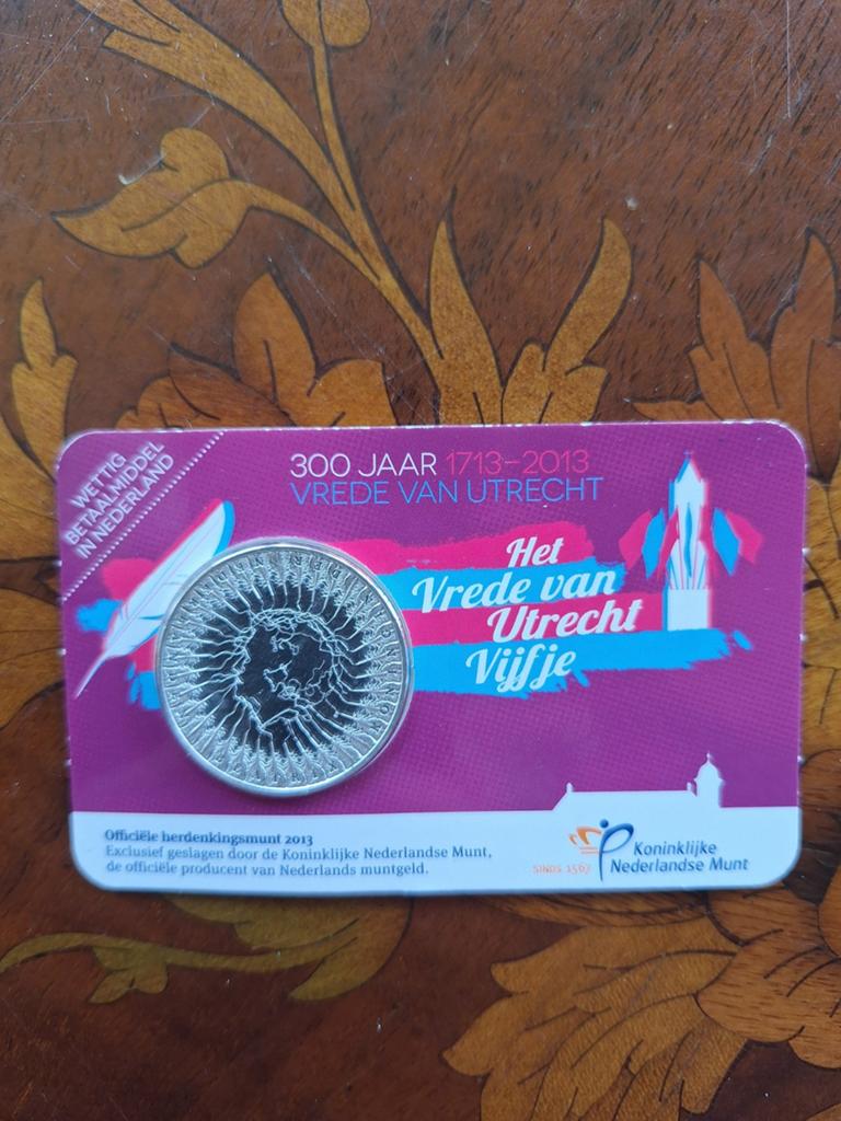 Vrede van Utrecht Vijfje 2013 - Zilveren Herdenkingsmunt, Postzegels en Munten, Munten | Nederland, Koningin Beatrix, Zilver, Euro's
