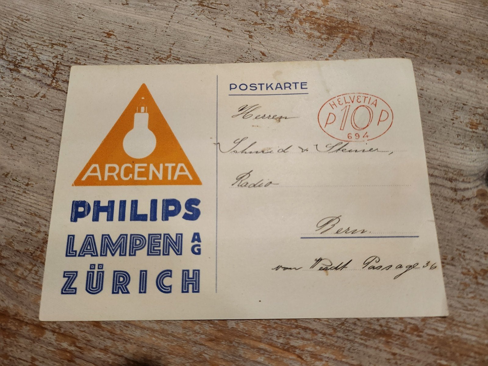 Vintage Philips reclamekaart 1931 - Zürich / Radio Bern, Ophalen of Verzenden, Gebruikt, Overige typen