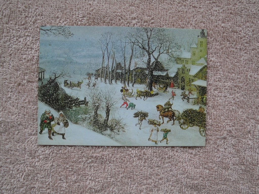 Winterlandschap met schaatsers en figuren - Kerstkaart, Ophalen of Verzenden, 1940 tot 1960, Ongelopen, Feest(dag)