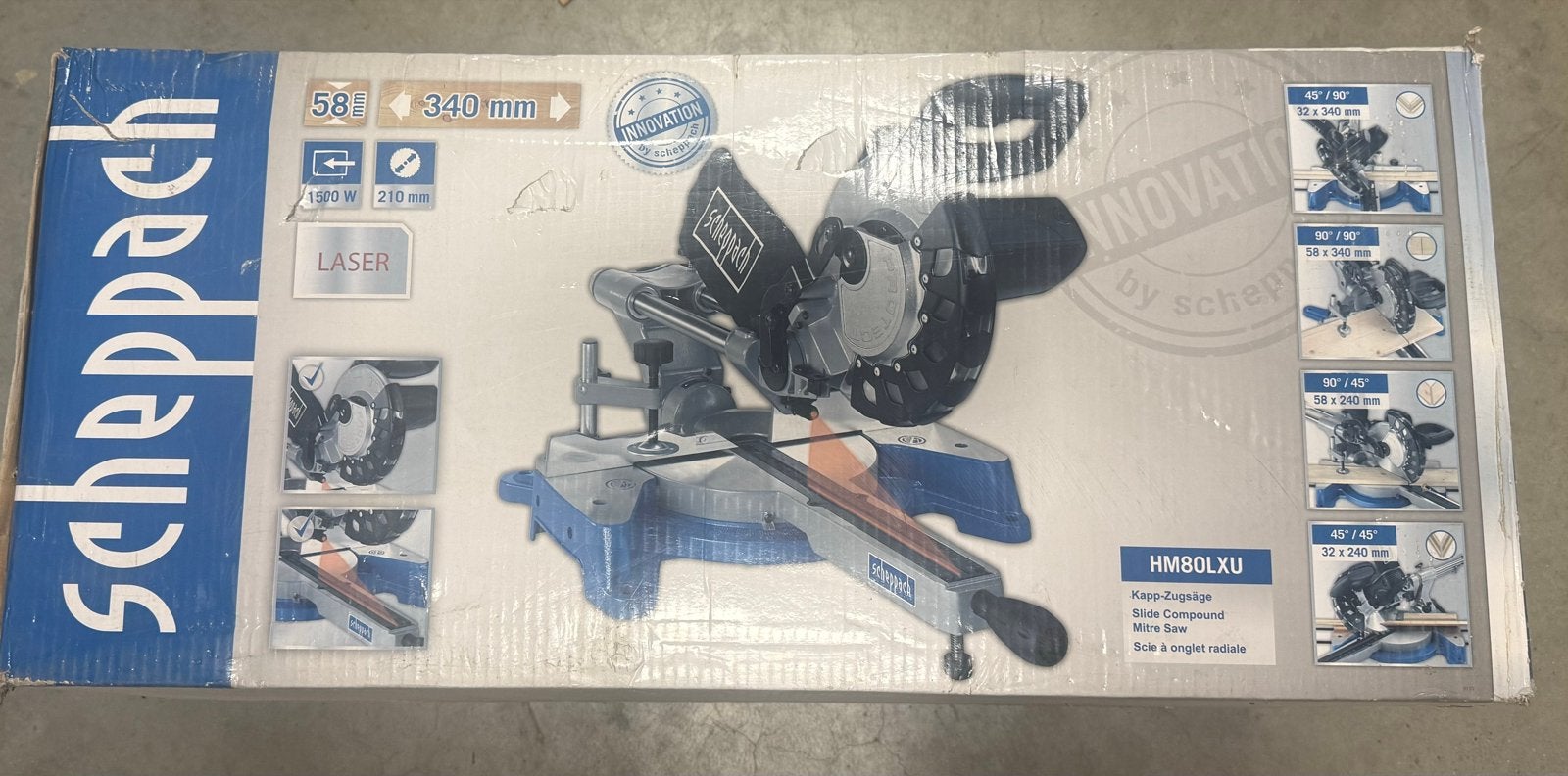 Scheppach HM80LXU Afkortzaag met Laser - Nieuw in Doos, Doe-het-zelf en Verbouw, Gereedschap | Zaagmachines, Nieuw, Ophalen of Verzenden