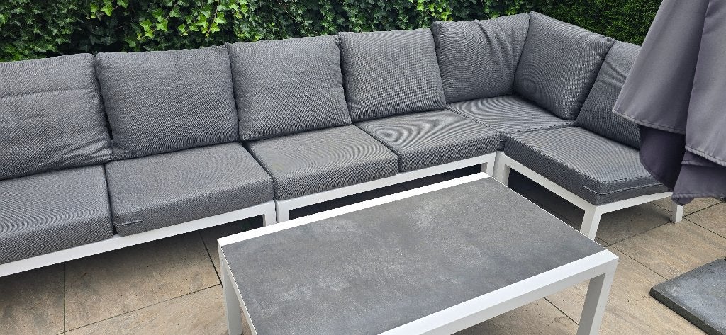 Moderne loungeset met salontafel - Grijs/Wit, Tuin en Terras, Ophalen, 6 zitplaatsen, Bank, Aluminium