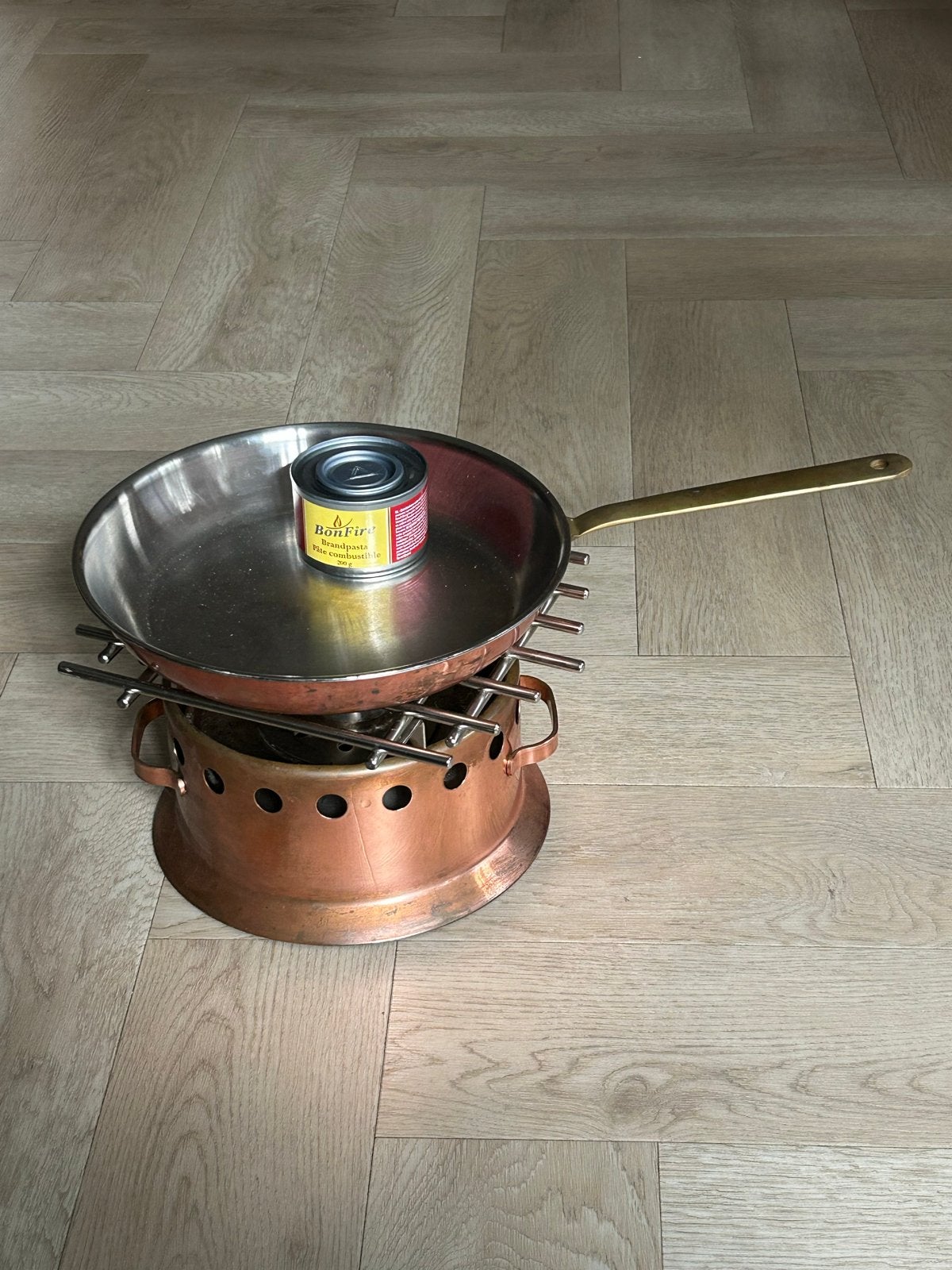 Koperen rechaud met pan - Fondue/Warmhoudset, Overige typen, Ophalen, Gebruikt, Metaal