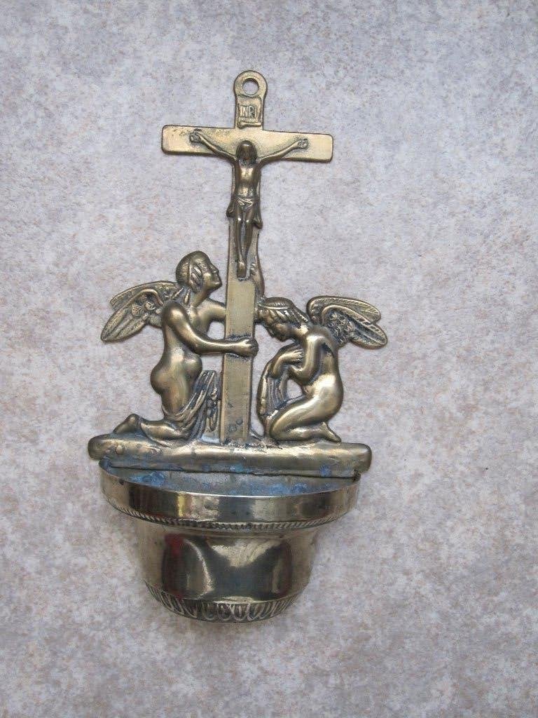 Antiek, koper (messing) wijwaterbakje voor aan de wand., Ophalen of Verzenden