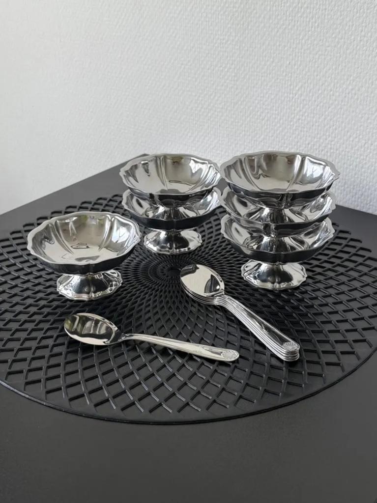Vintage Guy Degrenne RVS coupes set ijs bekers + lepels, Overige materialen, Gebruikt, ?, Guy Degrenne