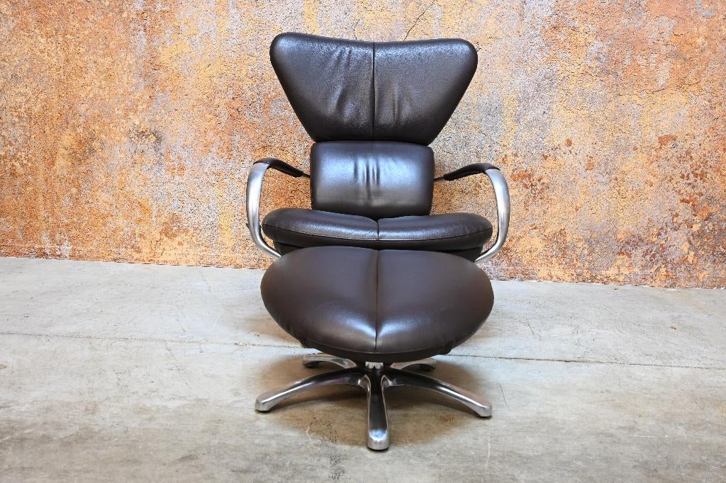 ZGAN! bruine leren Leolux Formi design draaifauteuil + poef, Huis en Inrichting, Leolux, Leolux, 75 tot 100 cm, Ophalen of Verzenden