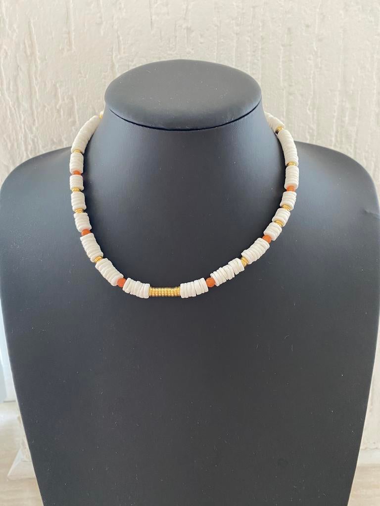 Superleuke ‘surfer necklace’ van schelp en edelsteen, Overige materialen, Wit, Verstelbaar, Ophalen of Verzenden