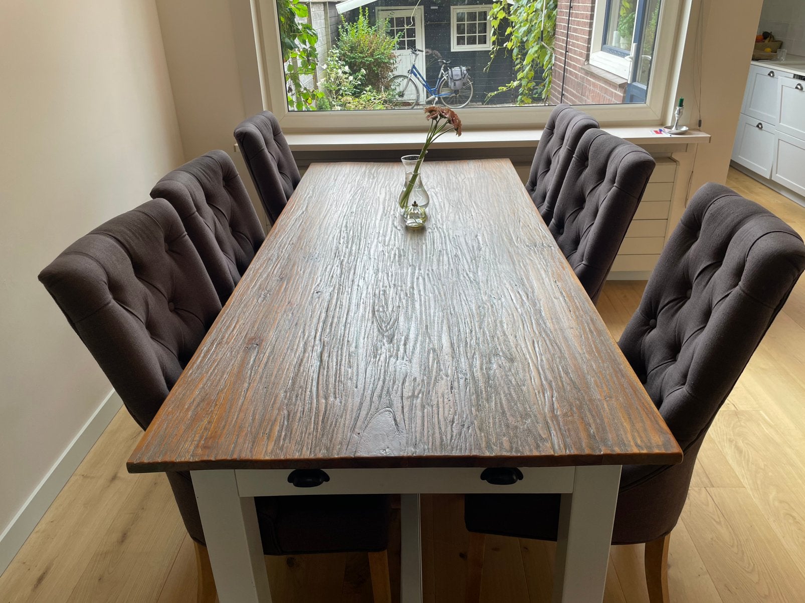 Large Vintage Dining Table + 6 Chairs – 220  100 cm, Huis en Inrichting, Tafels | Eettafels, Ophalen, Zo goed als nieuw
