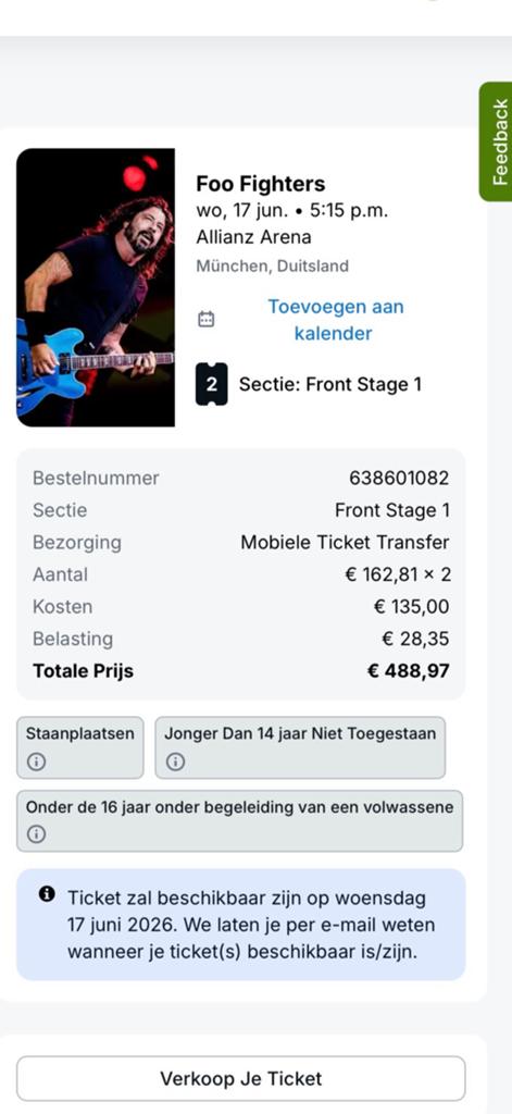 Foo Fighters tickets Front Stage, Tickets en Kaartjes, Twee personen