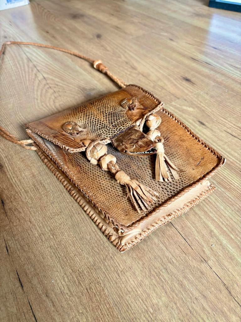 Vintage leguaan leren tas – West-Afrikaans taxidermie item, Ophalen of Verzenden, Nieuw, Bruin, Schoudertasje