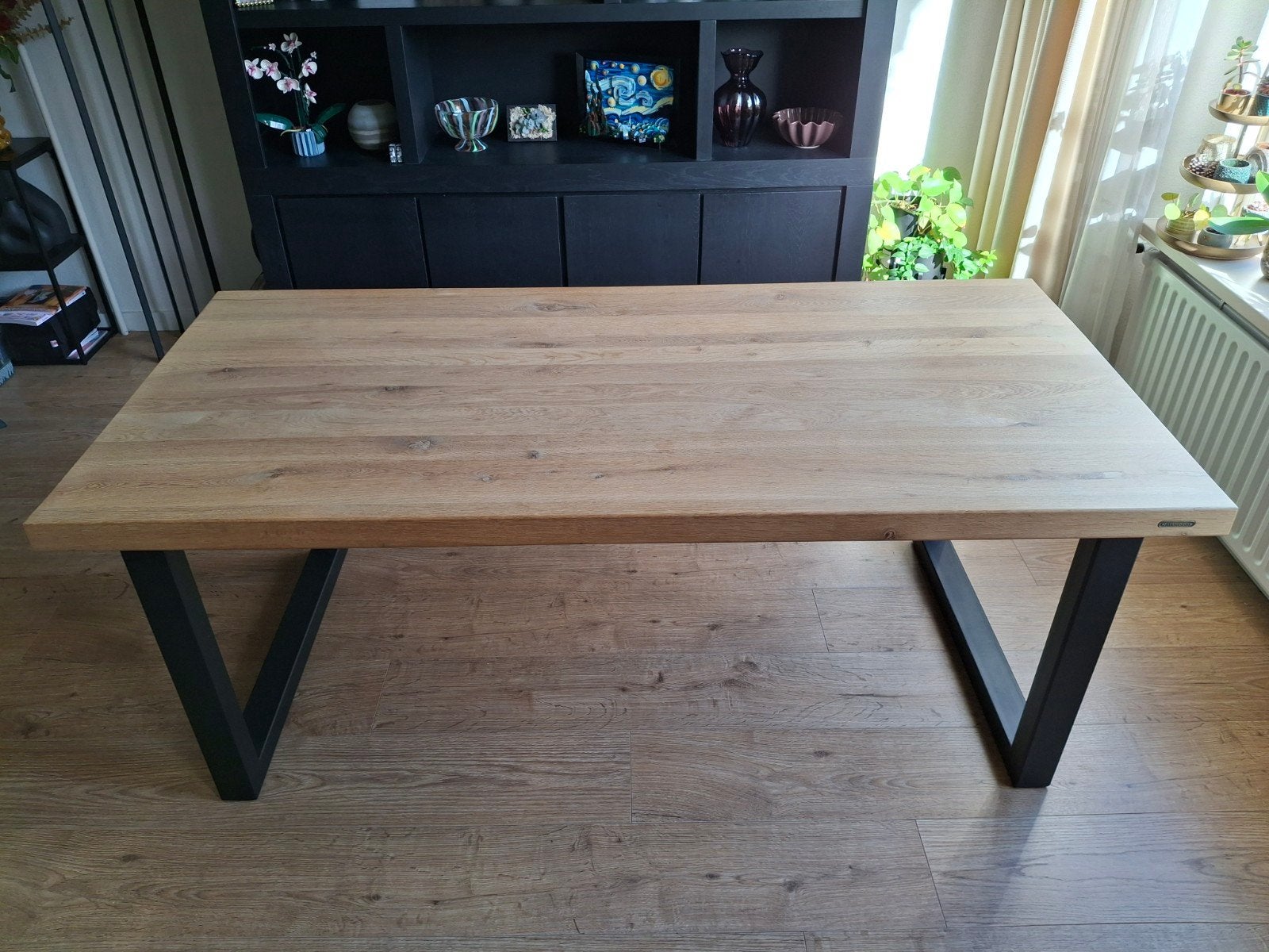 Eiken tafel met zwarte poten, Ophalen, Gebruikt, Eikenhout, 200 cm of meer