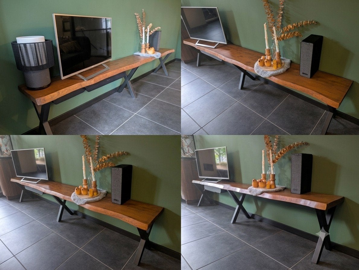 Boomstamplank meubel met stalen X-poten - 240x30x48 cm, Overige houtsoorten, Ophalen of Verzenden, Zo goed als nieuw, 200 cm of meer