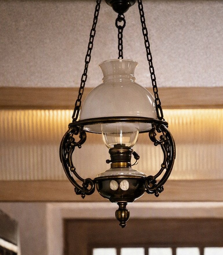 Antieke hanglamp “Schippertje” — messing & glas, Ophalen